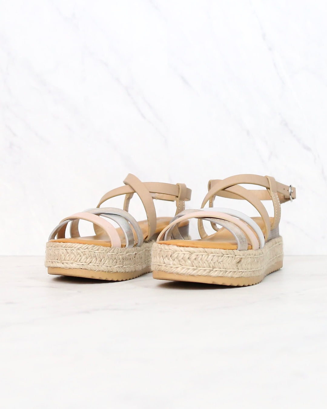 Multi Bands Crossed-Strap Espadrille Platform Sandal with Ankle Strap in Blush Multi