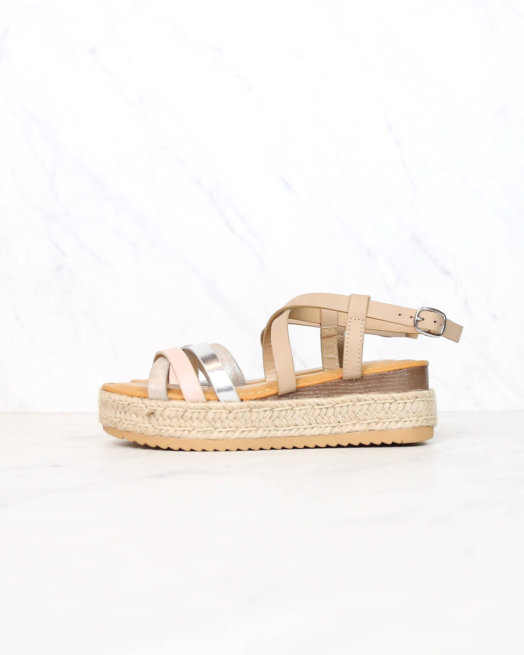 Multi Bands Crossed-Strap Espadrille Platform Sandal with Ankle Strap in Blush Multi