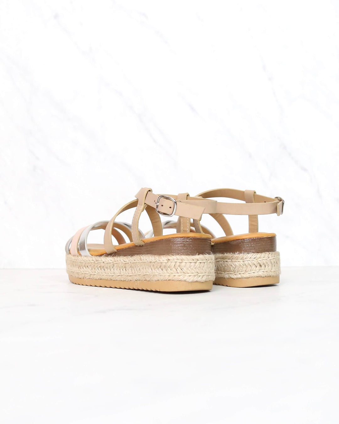 Multi Bands Crossed-Strap Espadrille Platform Sandal with Ankle Strap in Blush Multi