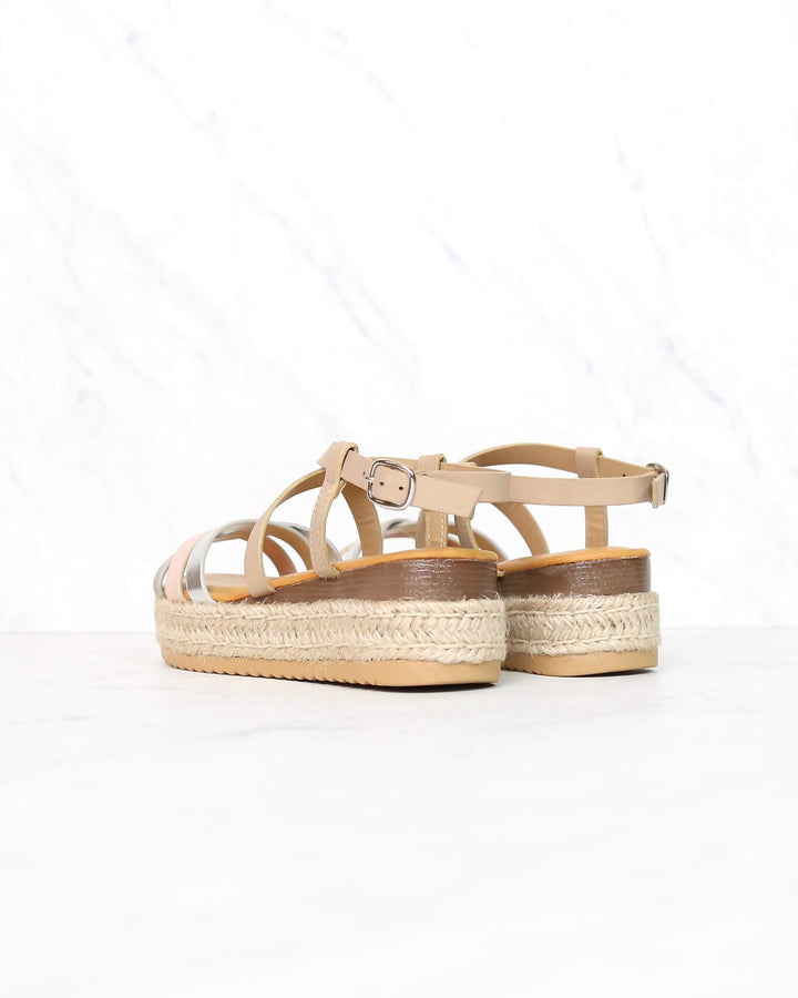 Multi Bands Crossed-Strap Espadrille Platform Sandal with Ankle Strap in Blush Multi