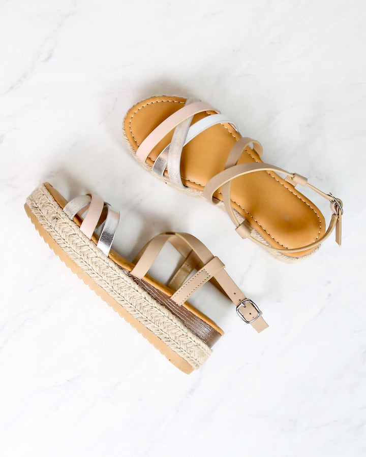 Multi Bands Crossed-Strap Espadrille Platform Sandal with Ankle Strap in Blush Multi