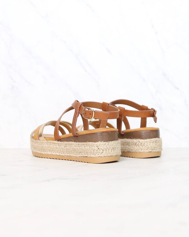Multi Bands Crossed-Strap Espadrille Platform Sandal with Ankle Strap in Natural Multi