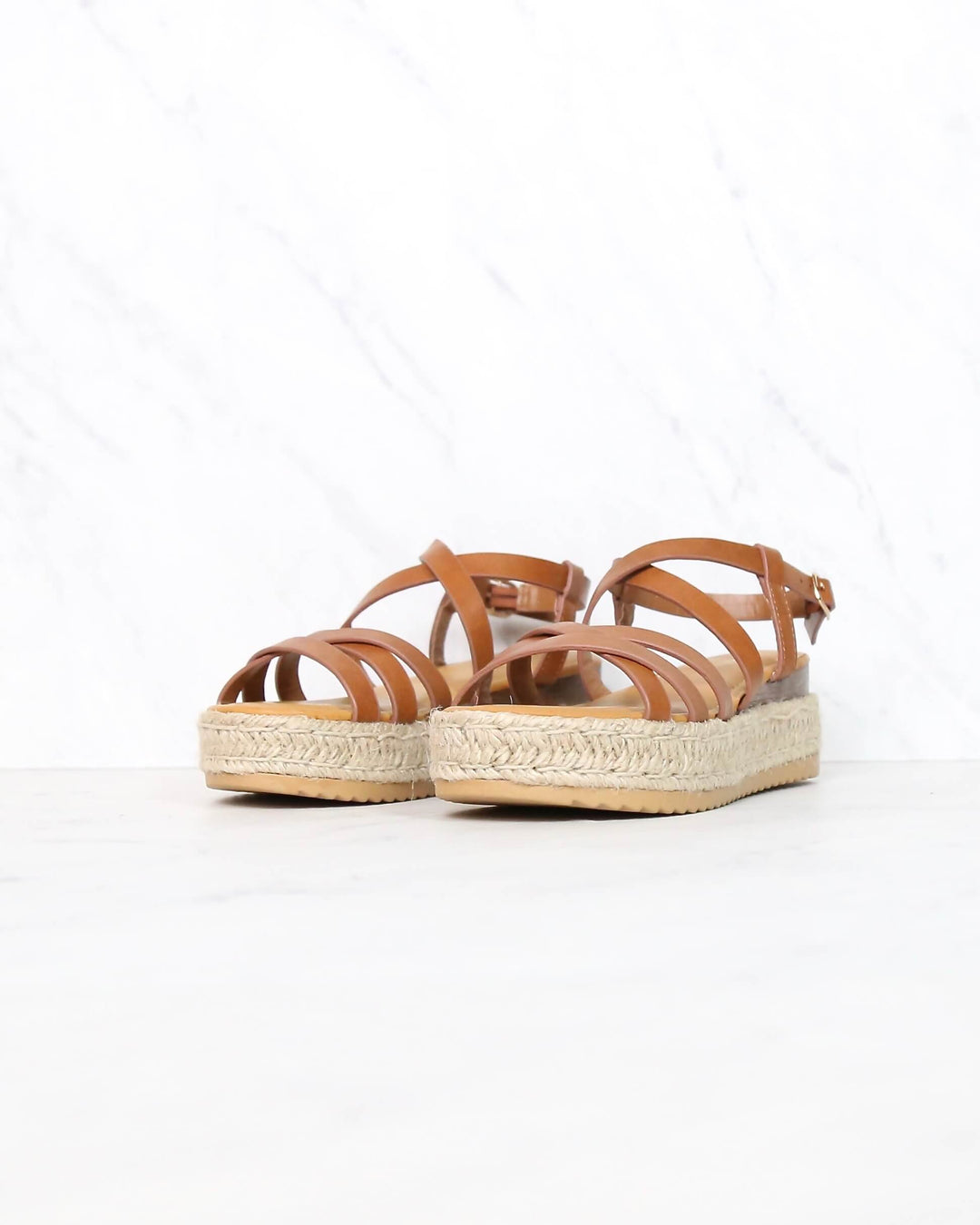 Multi Bands Crossed-Strap Espadrille Platform Sandal with Ankle Strap in Tan motivate-04 tan