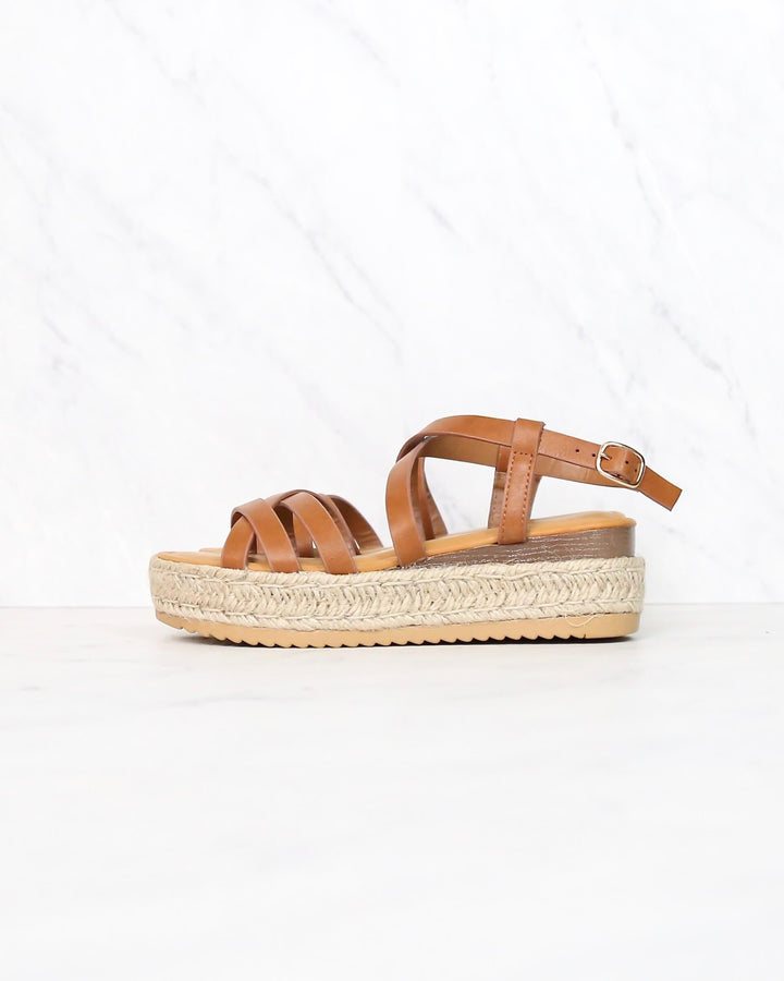 Multi Bands Crossed-Strap Espadrille Platform Sandal with Ankle Strap in Tan motivate-04 tan