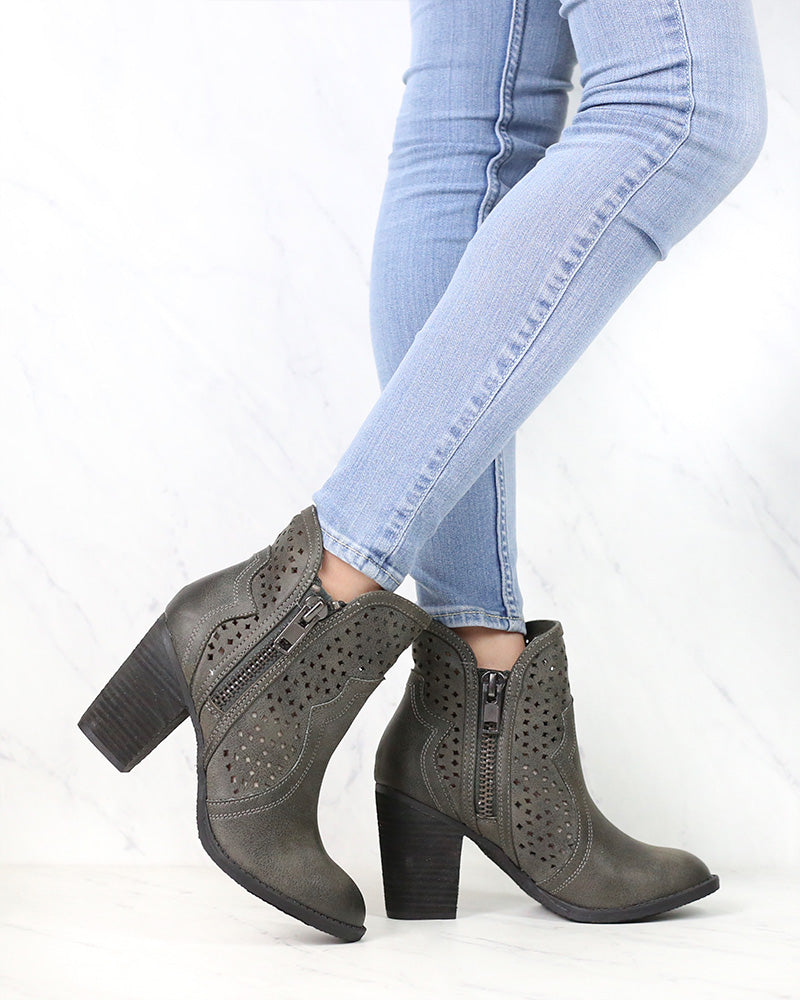 Not Rated - Gretchen Laser Cut Ankle Bootie in Charcoal Grey