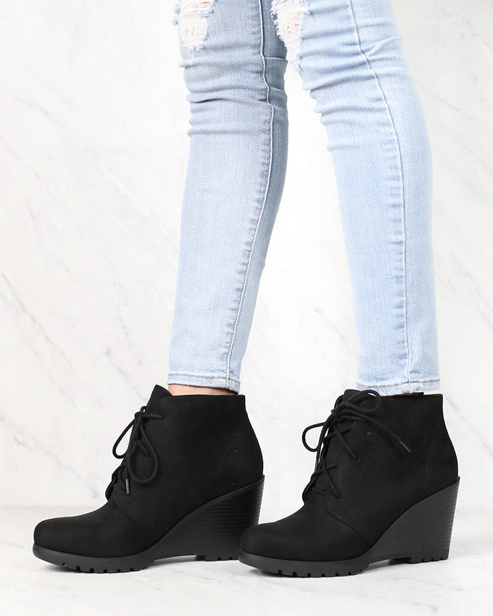 Not So Far Fetched Lace-Up Wedge Ankle Booties in Black