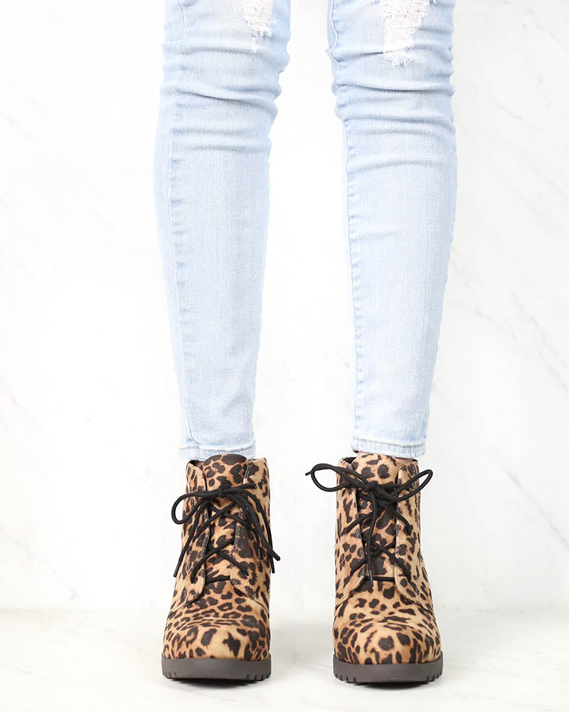 Not So Far Fetched Lace-Up Wedge Ankle Booties in Camel Leopard