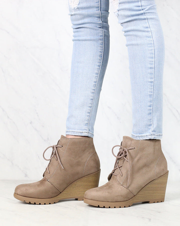 Not So Far Fetched Lace-Up Wedge Ankle Booties in Taupe