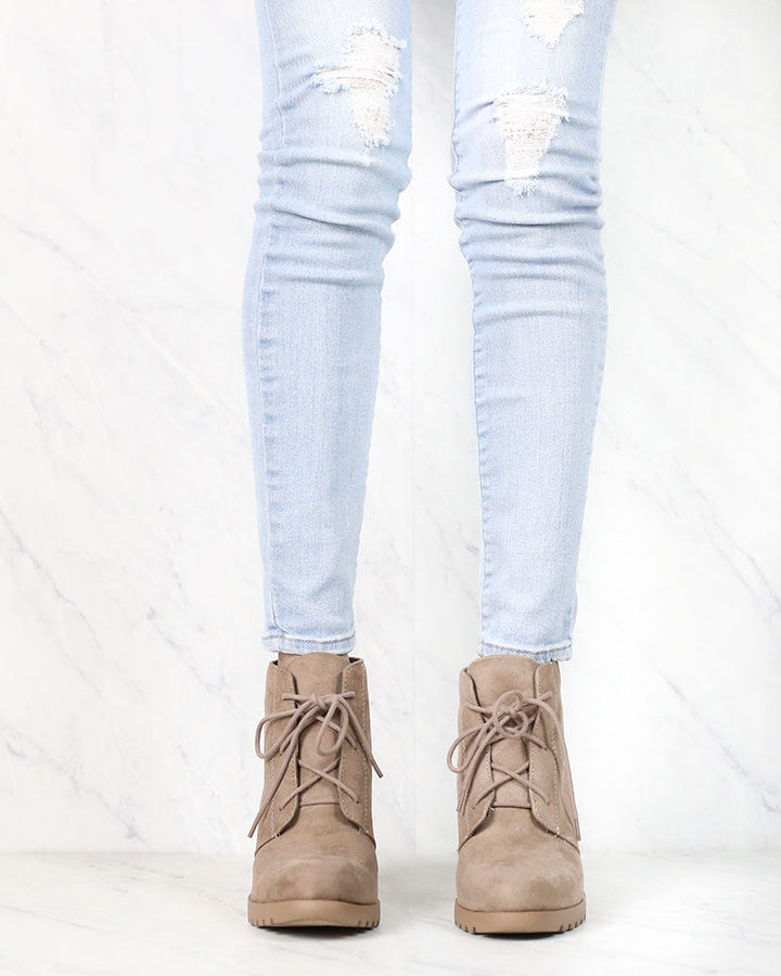 Not So Far Fetched Lace-Up Wedge Ankle Booties in Taupe