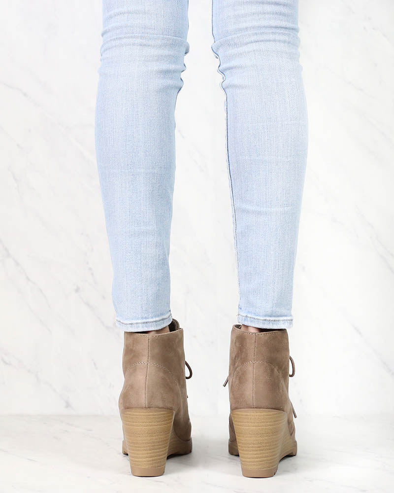 Not So Far Fetched Lace-Up Wedge Ankle Booties in Taupe