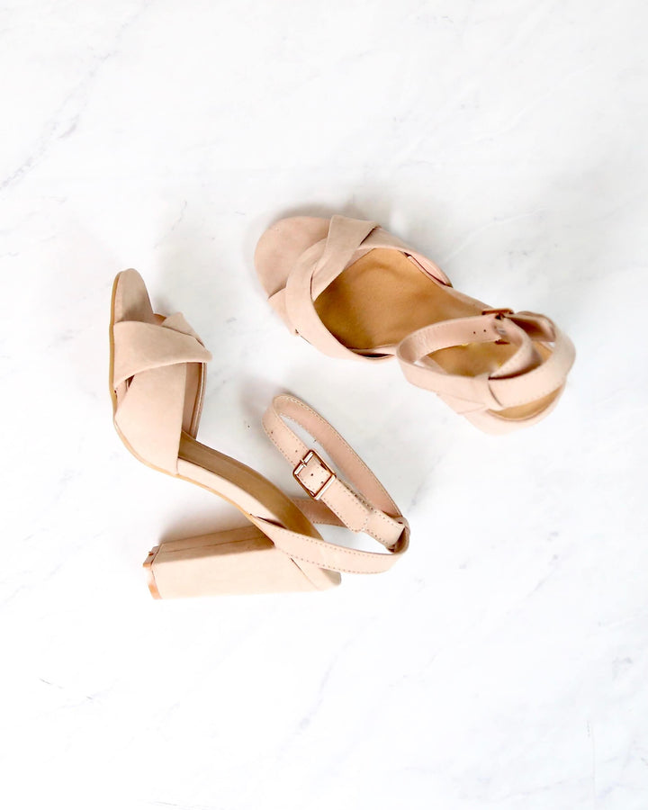 Nude Suede Front Knot Ankle Strap Heels