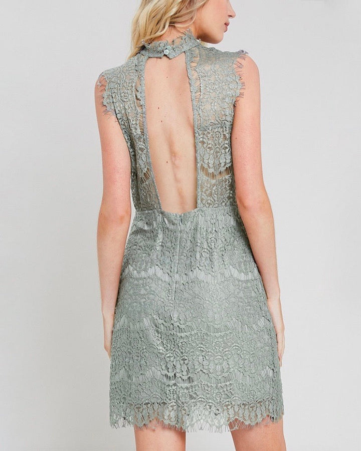 Open Back Mock Neck Lace Dress - More Colors