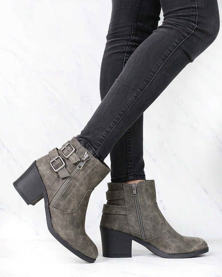 One More Dance Faux Leather Ankle Bootie with Buckle Detail in Grey