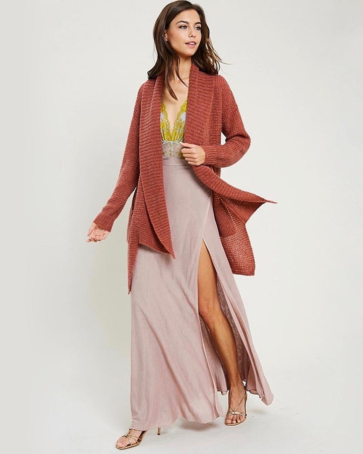 Open Front Hi Low Cable Knit Sweater Cardigan - Brick