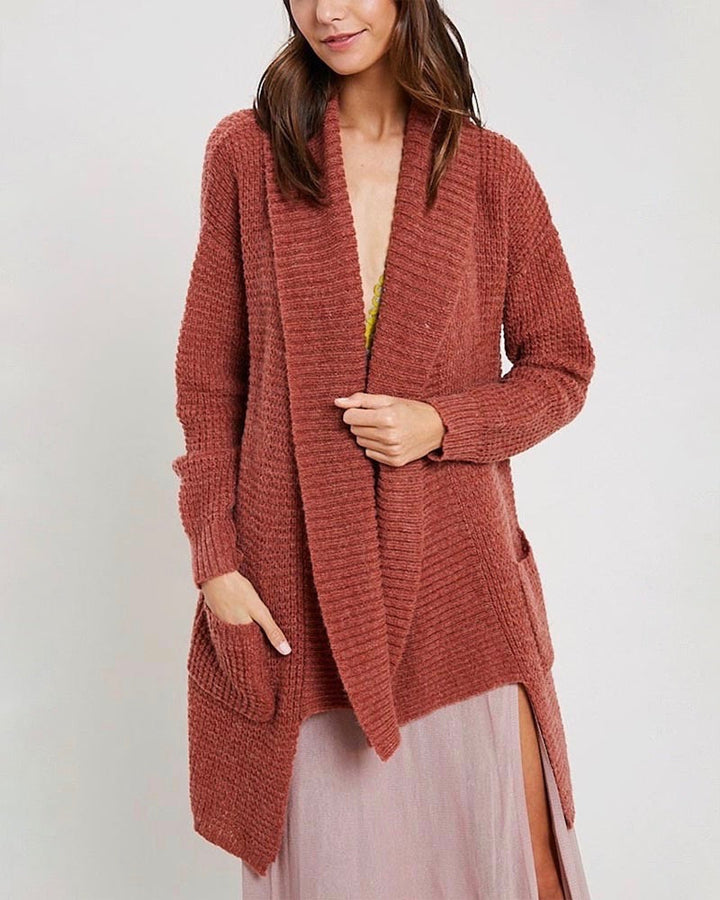 Open Front Hi Low Cable Knit Sweater Cardigan - Brick