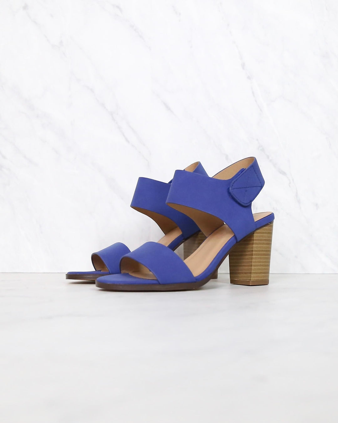 Open Toe Chunky Block Heel Ankle Strap Sandals in cobalt blue