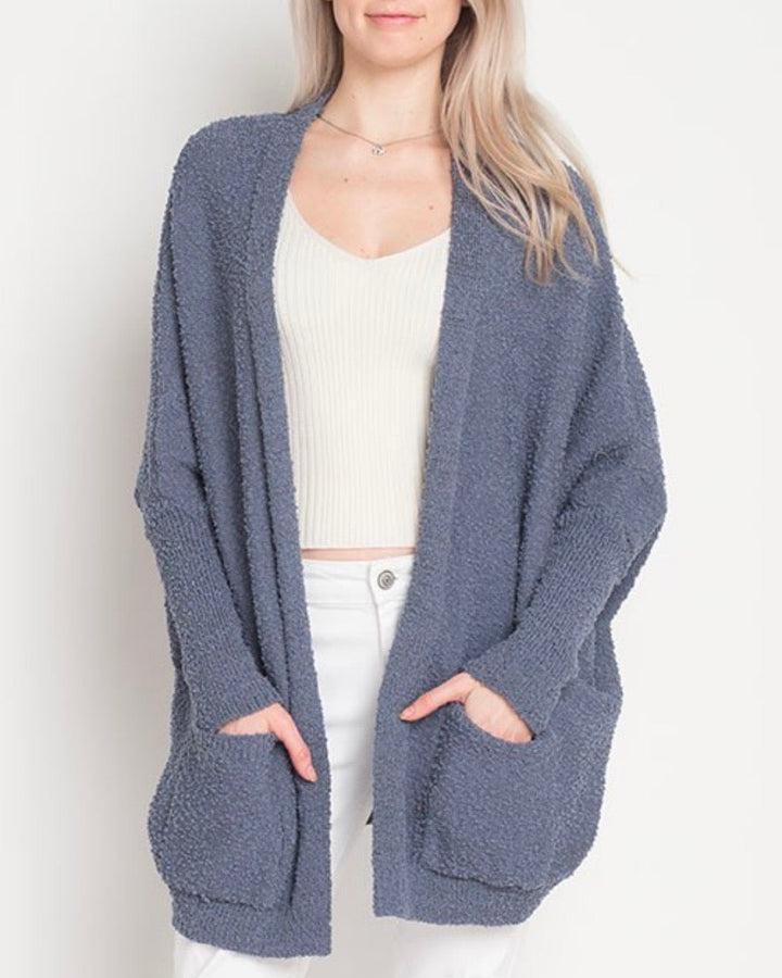 Open Fuzzy Cardigan with Pockets in Blue