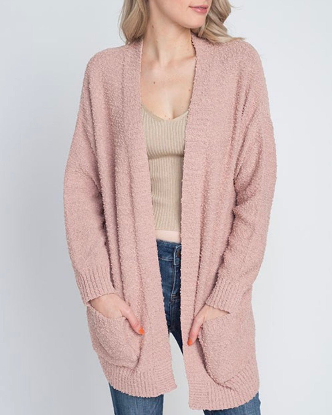 Open Fuzzy Cardigan with Pockets in Dusty Pink