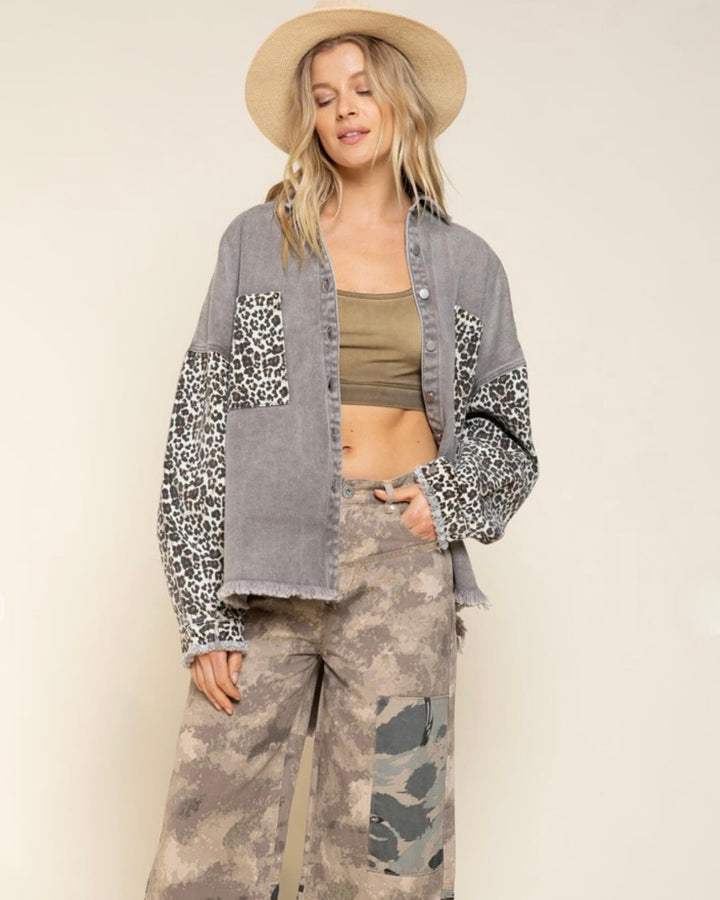 Vintage Style Hi-Low Distressed Leopard Denim Shirt Jacket/Shacket in Grey