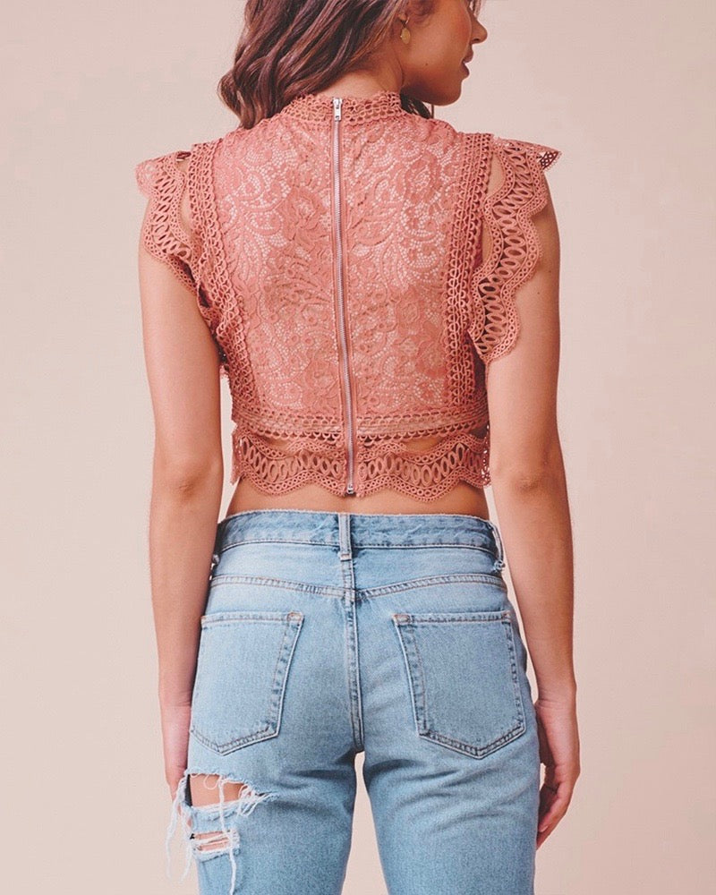 Paris Sleeveless Lace Crop Top in Rose