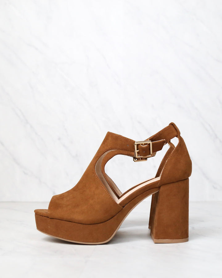 Vegan Suede Chunky Heeled Peep Toe Heels in Chestnut