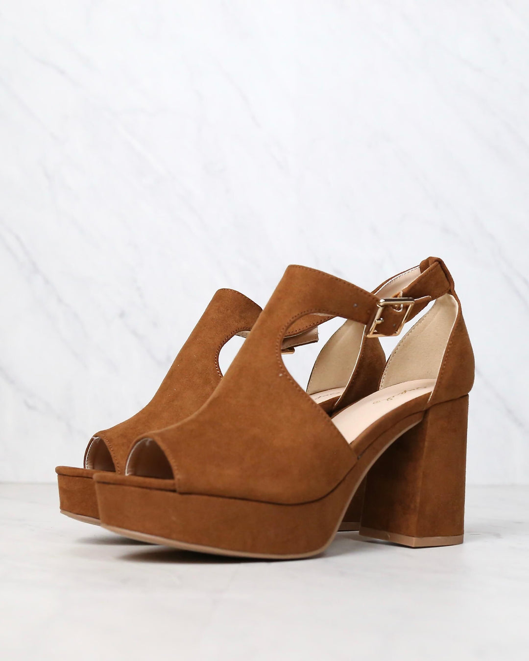 Vegan Suede Chunky Heeled Peep Toe Heels in Chestnut