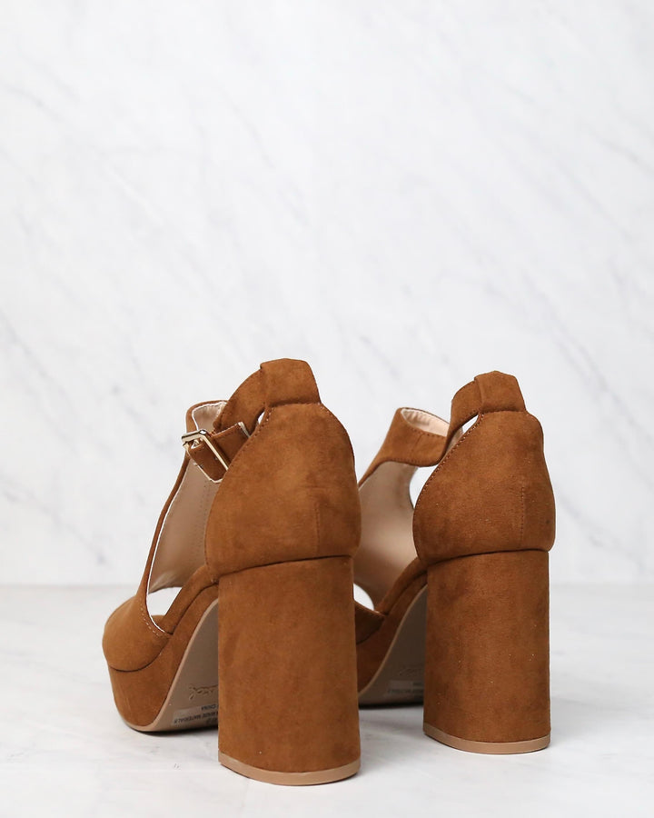 Vegan Suede Chunky Heeled Peep Toe Heels in Chestnut