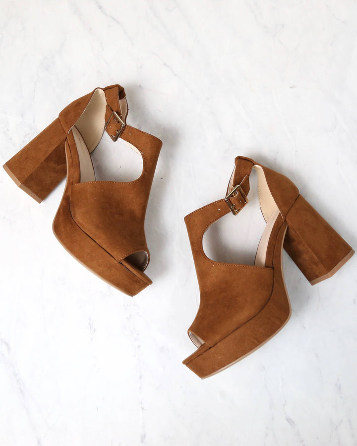 Vegan Suede Chunky Heeled Peep Toe Heels in Chestnut