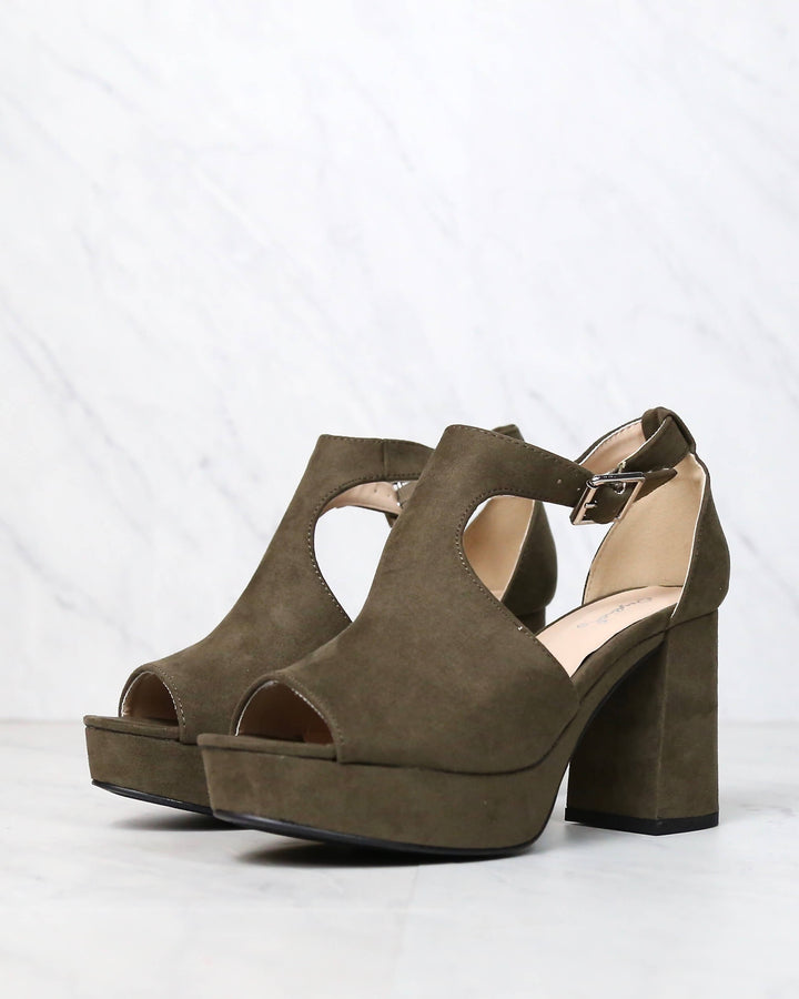 Vegan Suede Chunky Heeled Peep Toe Heels in Khaki