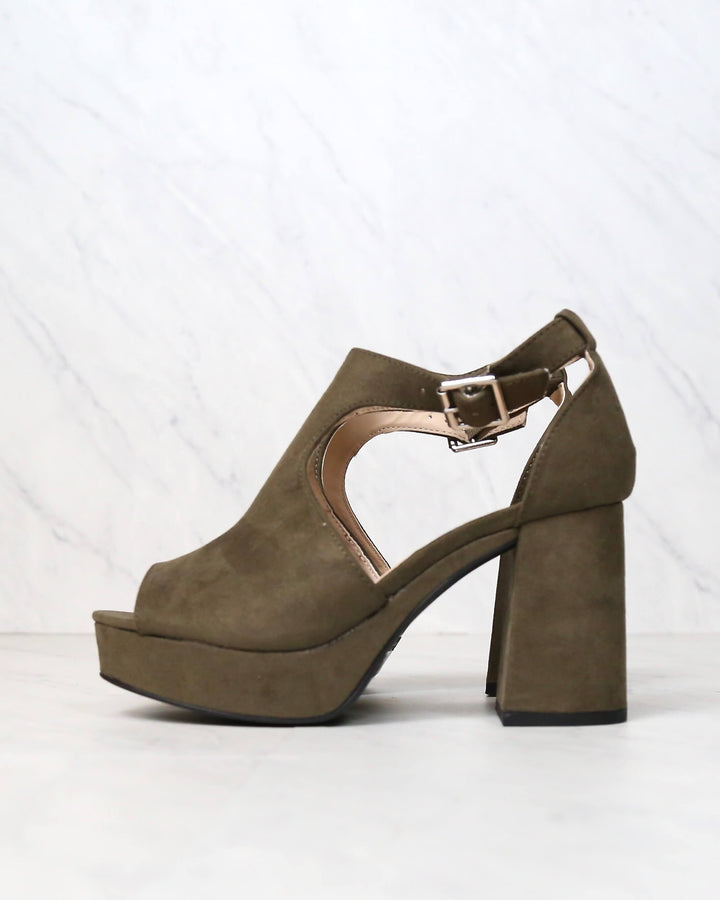 Vegan Suede Chunky Heeled Peep Toe Heels in Khaki