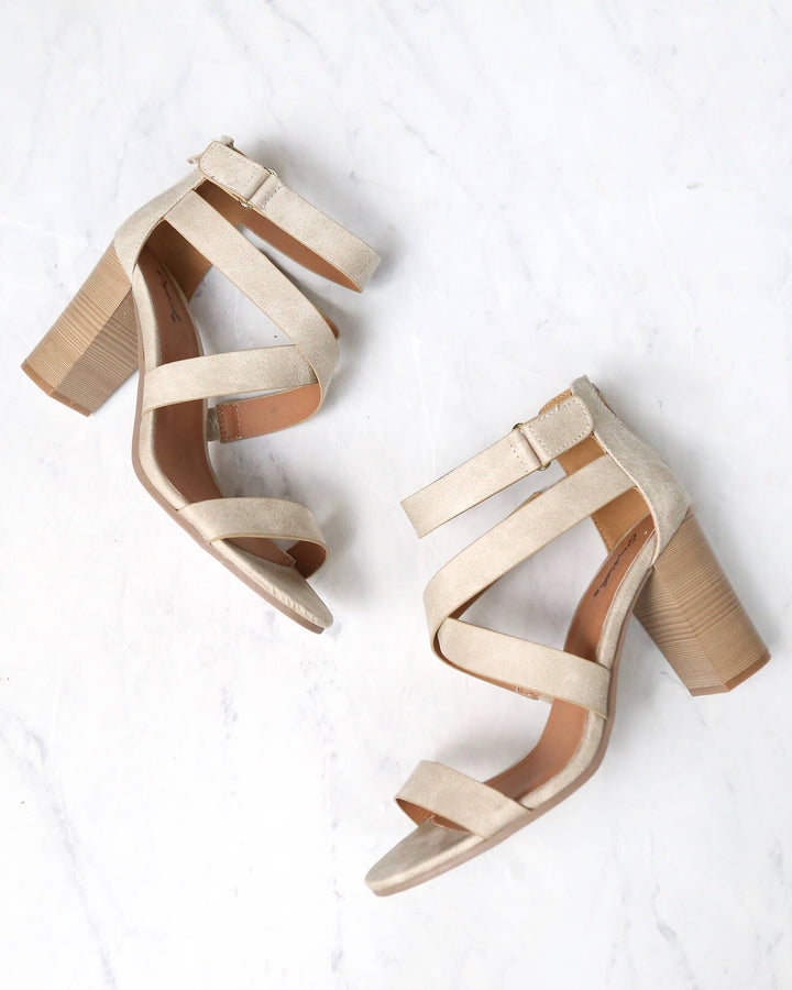 Lucite Vegan Strappy Block Heel Sandal in Stone