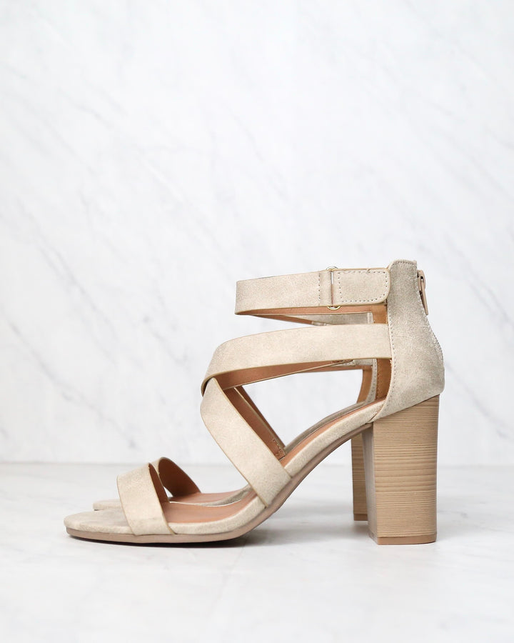 Lucite Vegan Strappy Block Heel Sandal in Stone