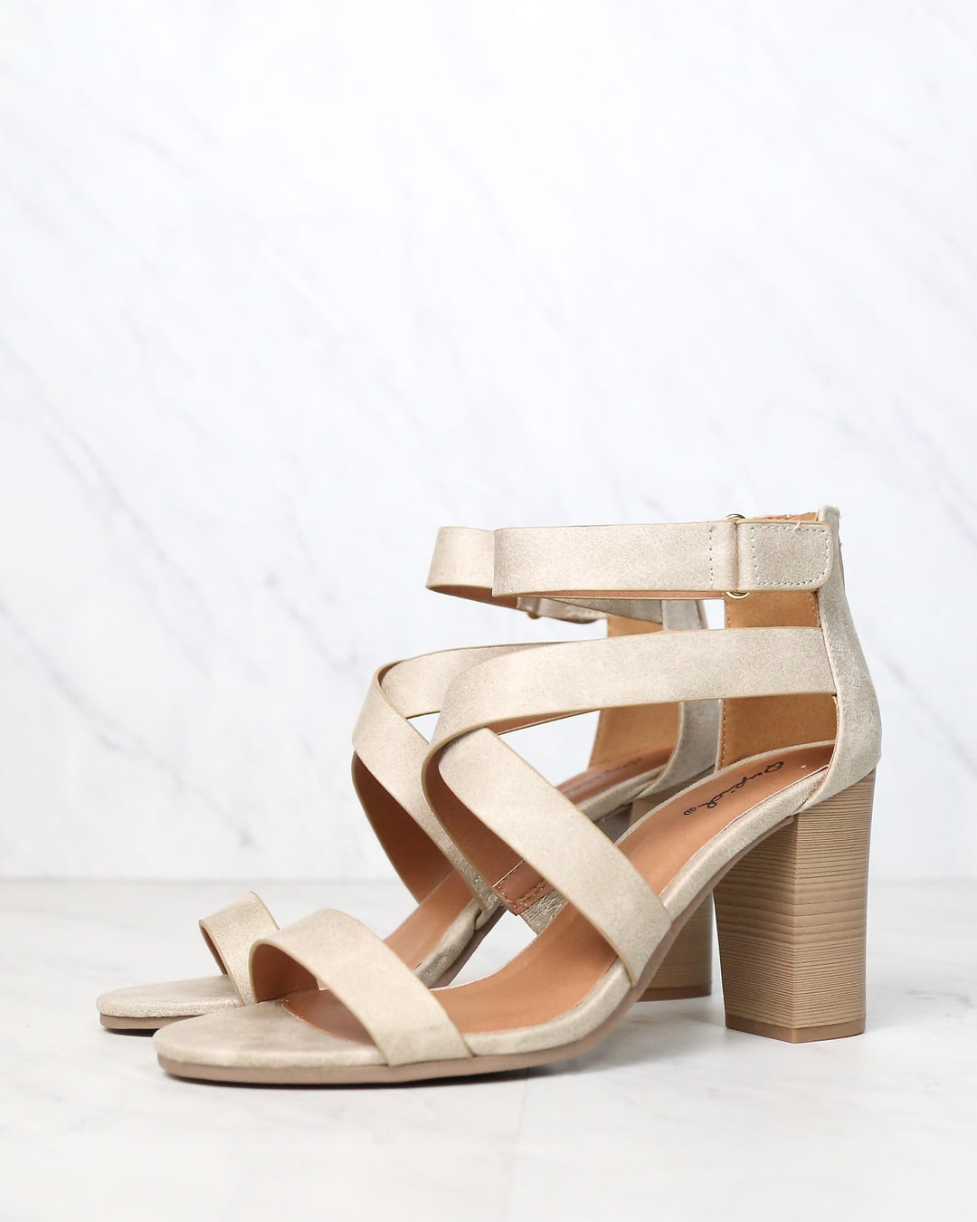 Lucite Vegan Strappy Block Heel Sandal in Stone