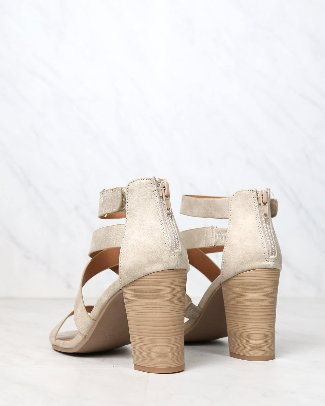 Lucite Vegan Strappy Block Heel Sandal in Stone