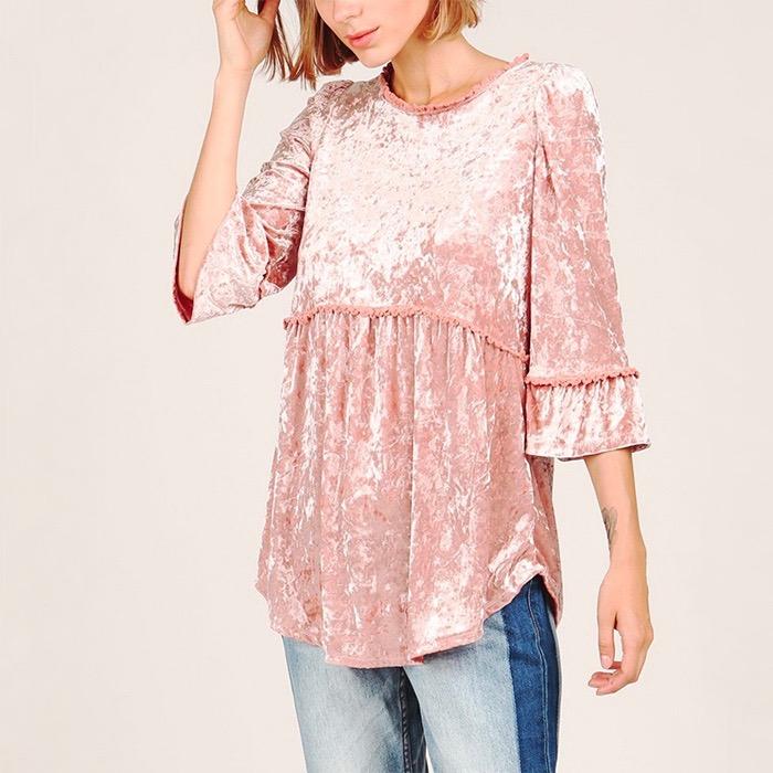 Selena Crushed Velvet Babydoll Quarter Sleeve Top in More Colors