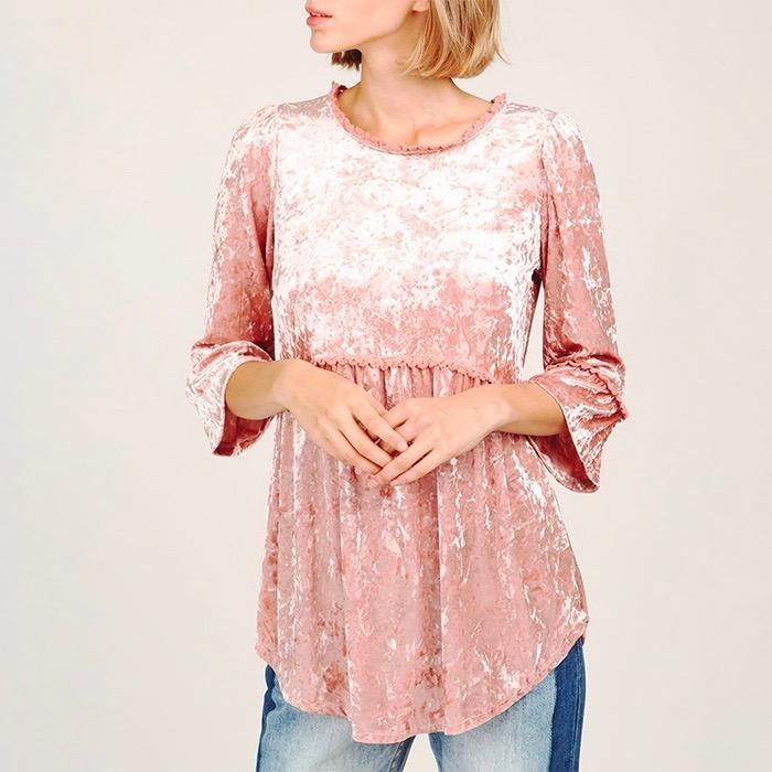 Selena Crushed Velvet Babydoll Quarter Sleeve Top in More Colors
