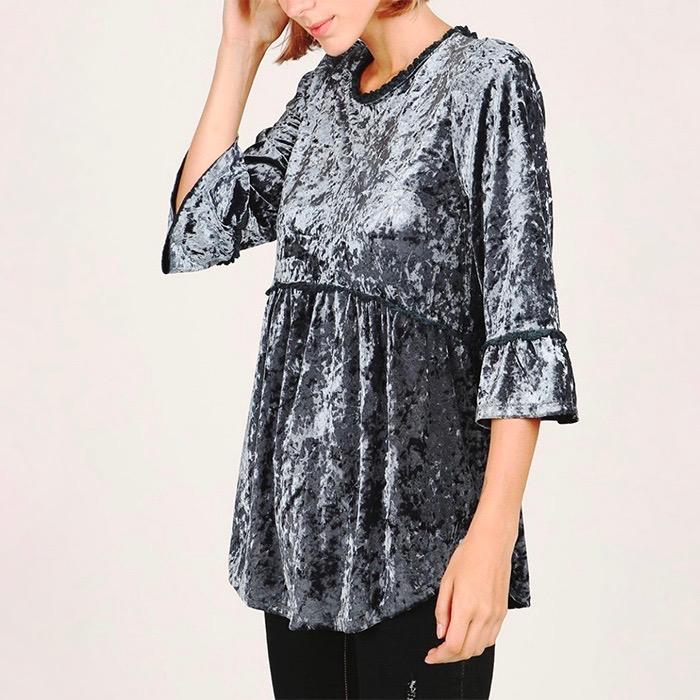 Selena Crushed Velvet Babydoll Quarter Sleeve Top in More Colors