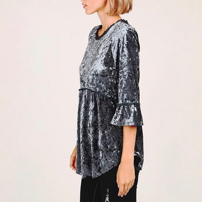 Selena Crushed Velvet Babydoll Quarter Sleeve Top in More Colors