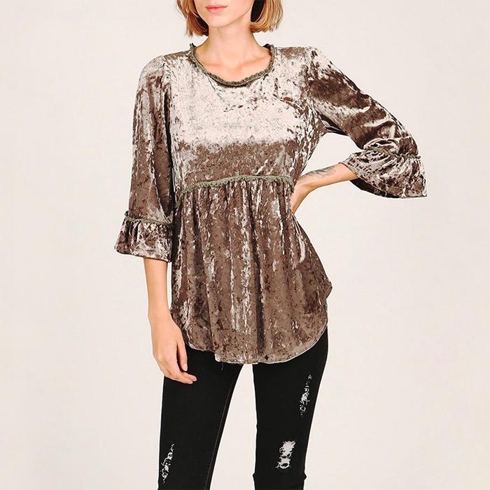 Selena Crushed Velvet Babydoll Quarter Sleeve Top in More Colors