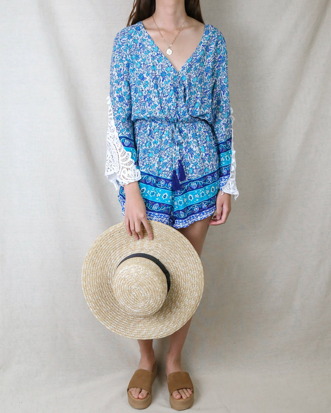 boho - crochet - bell sleeves - elastic waist - tassels - blue