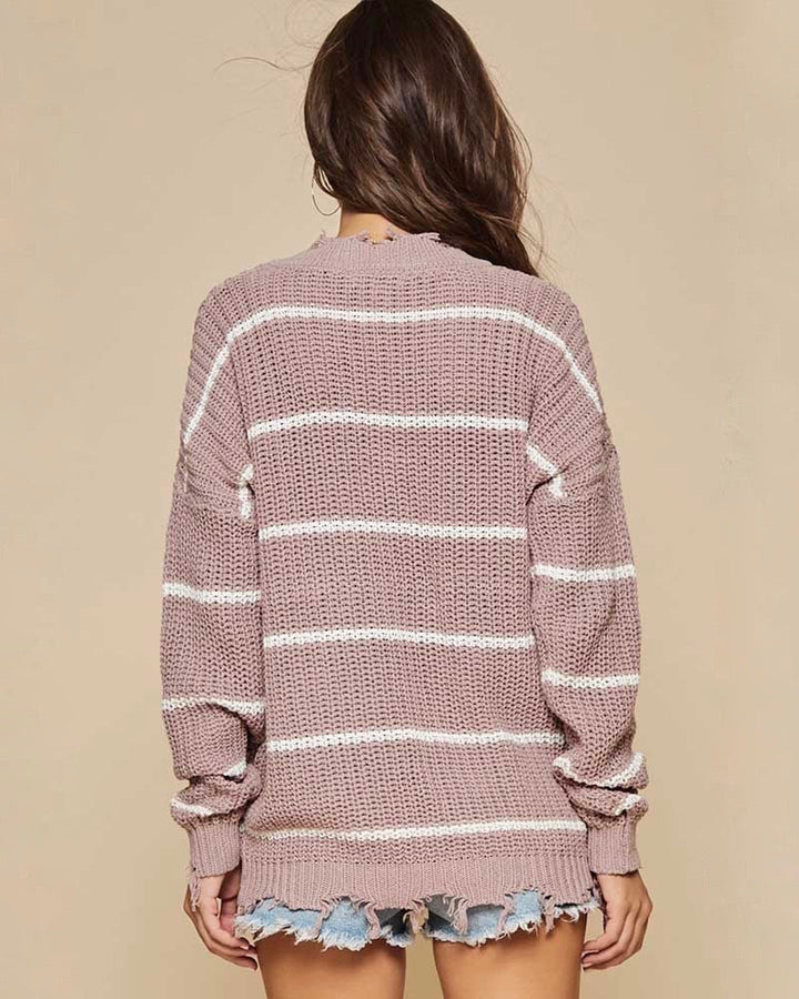 Raw Edge Detail V-Neck Knit Sweater - Mauve