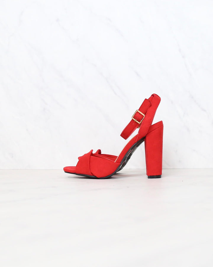 Red Suede Front Knot Ankle Strap Heels