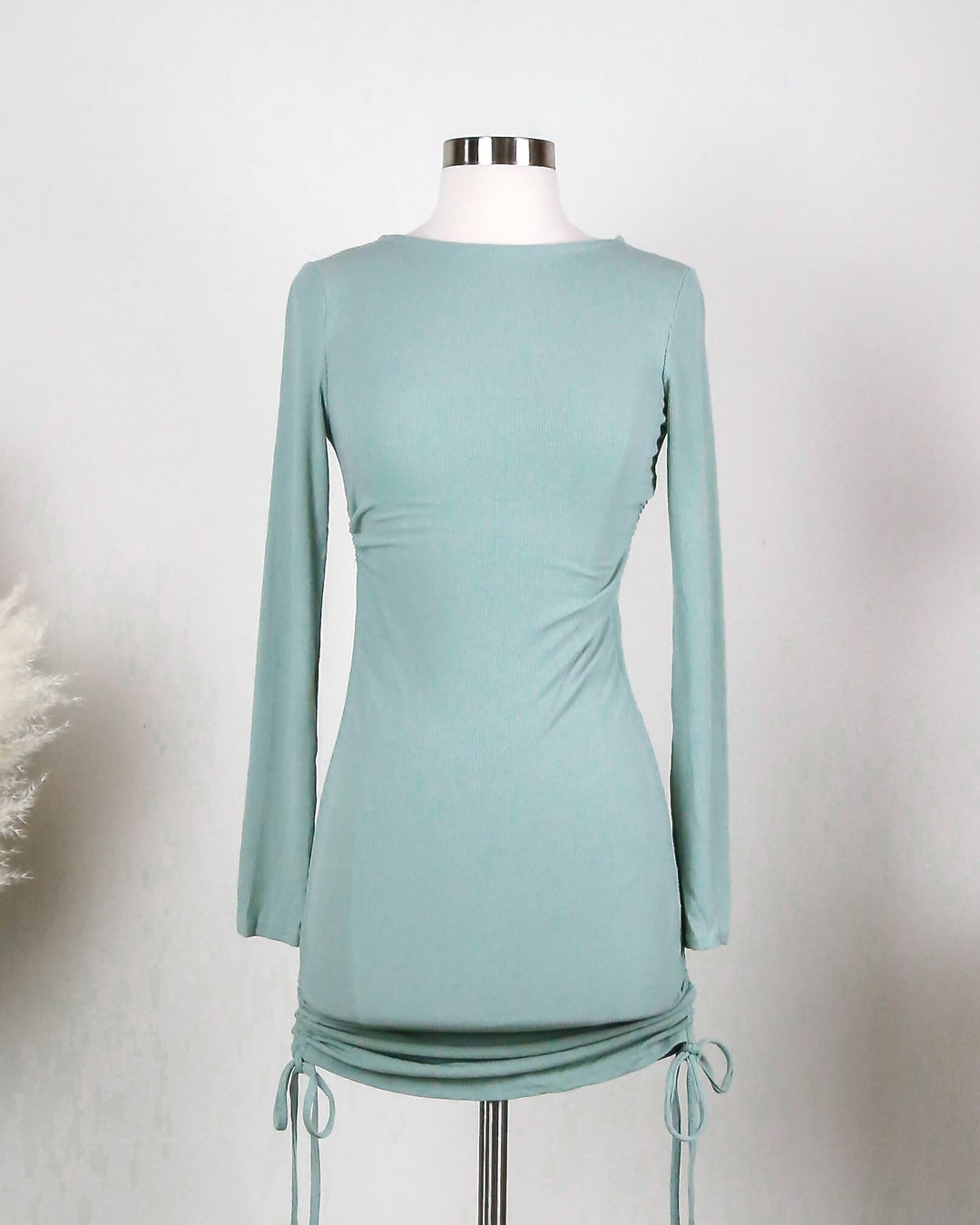 ribbed - ruched sides - long sleeve - crew neckline - pullover - adjustable drawstrings - dress - sage