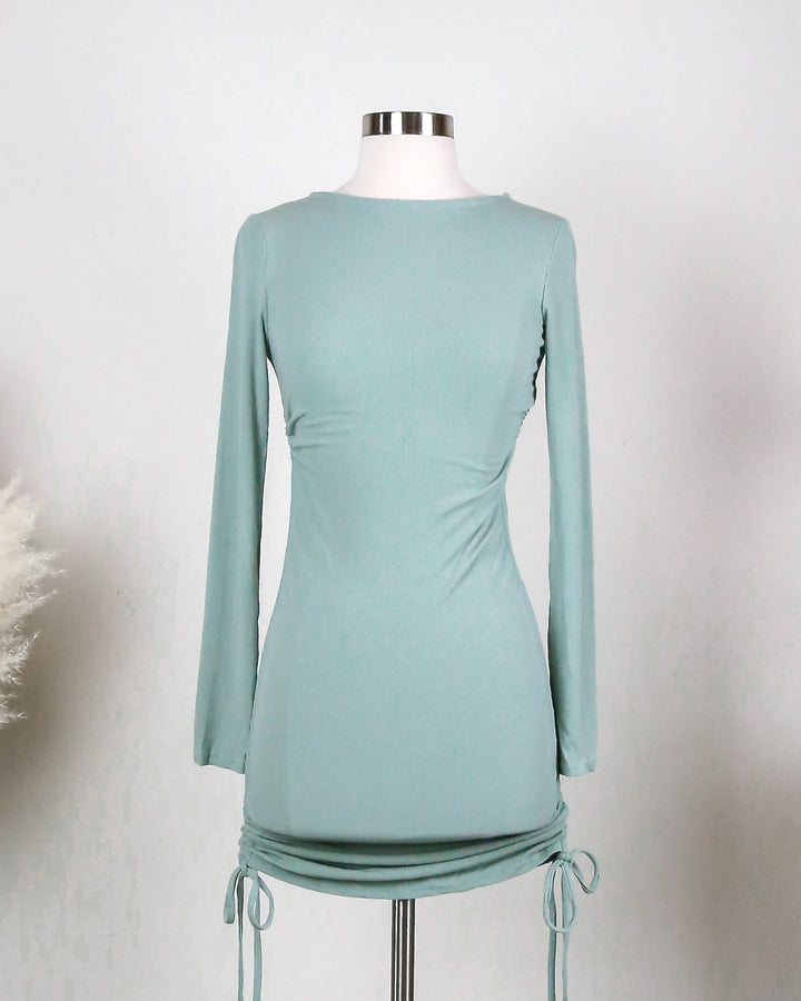ribbed - ruched sides - long sleeve - crew neckline - pullover - adjustable drawstrings - dress - sage