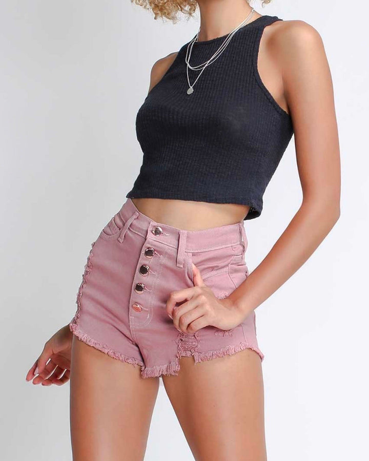 Distressed Button Down Shorts in Pink