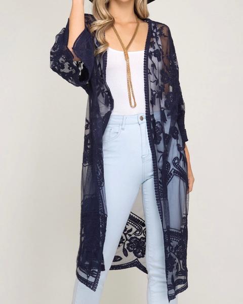 half sleeve - crochet - lace - midi - duster - cardigan - floral - boho - bohemian - beach cover up - navy