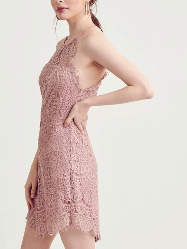 Sleeveless Halter Lace Mini Dress - More Colors