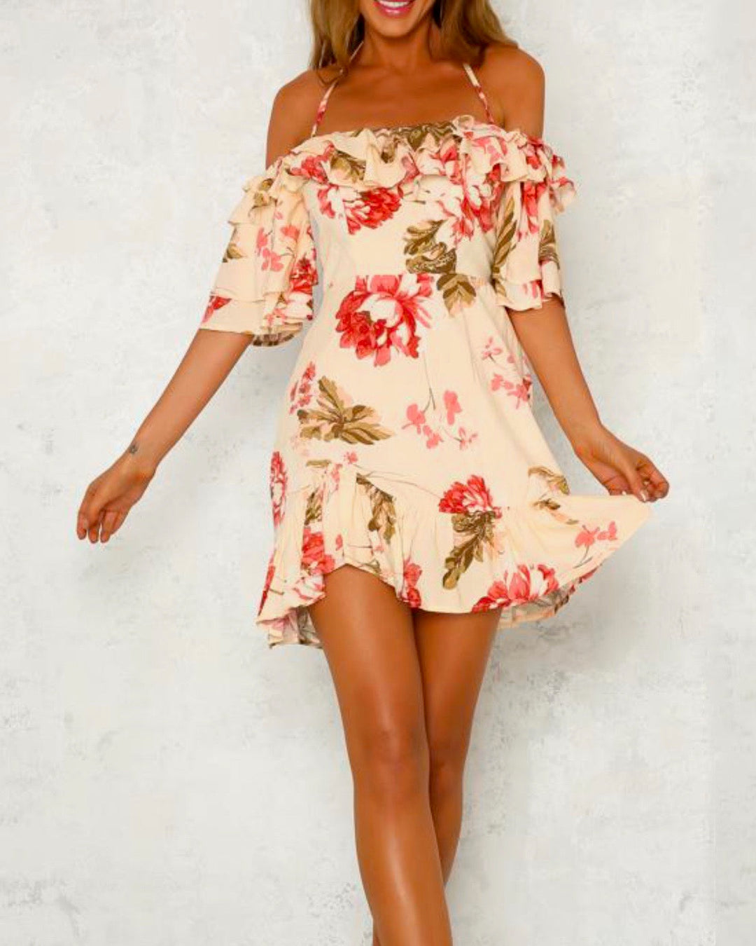 Waking Up To You Floral Halter Dress - Beige/Pink