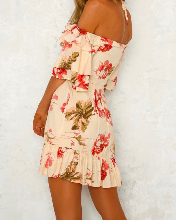 Waking Up To You Floral Halter Dress - Beige/Pink