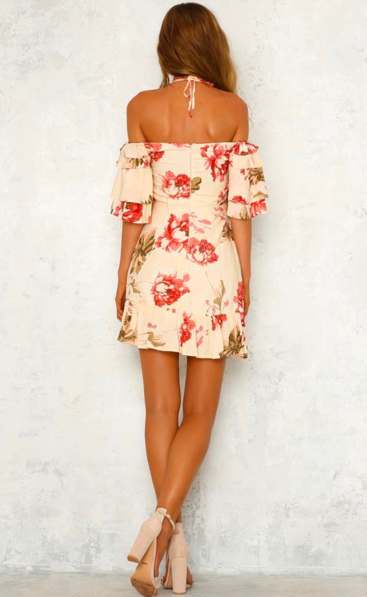 Waking Up To You Floral Halter Dress - Beige/Pink